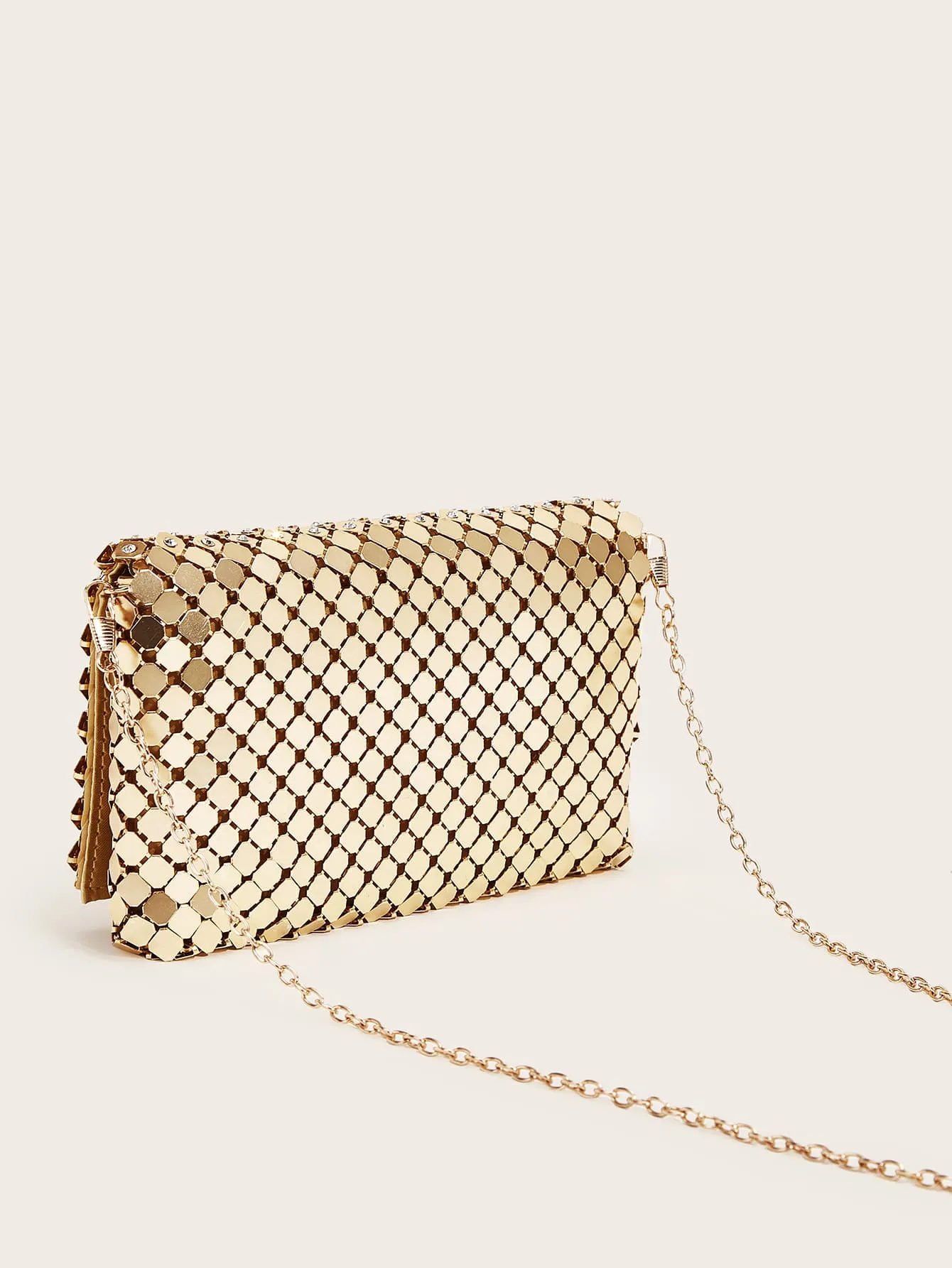 Rhinestone Decor Metallic Clutch Bag - Gold