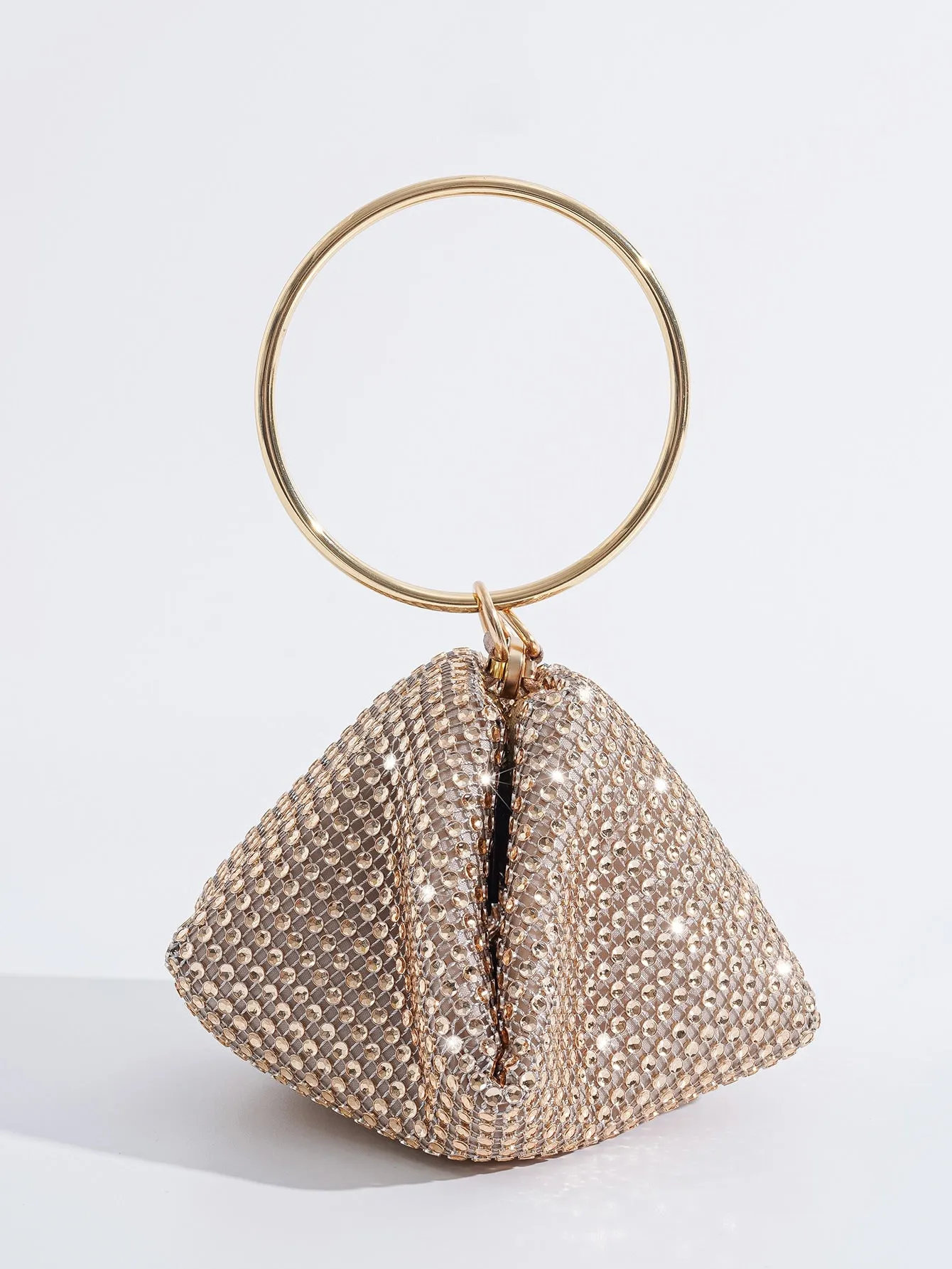 Rhinestone Decor Ring Handle Evening Bag - Champagne
