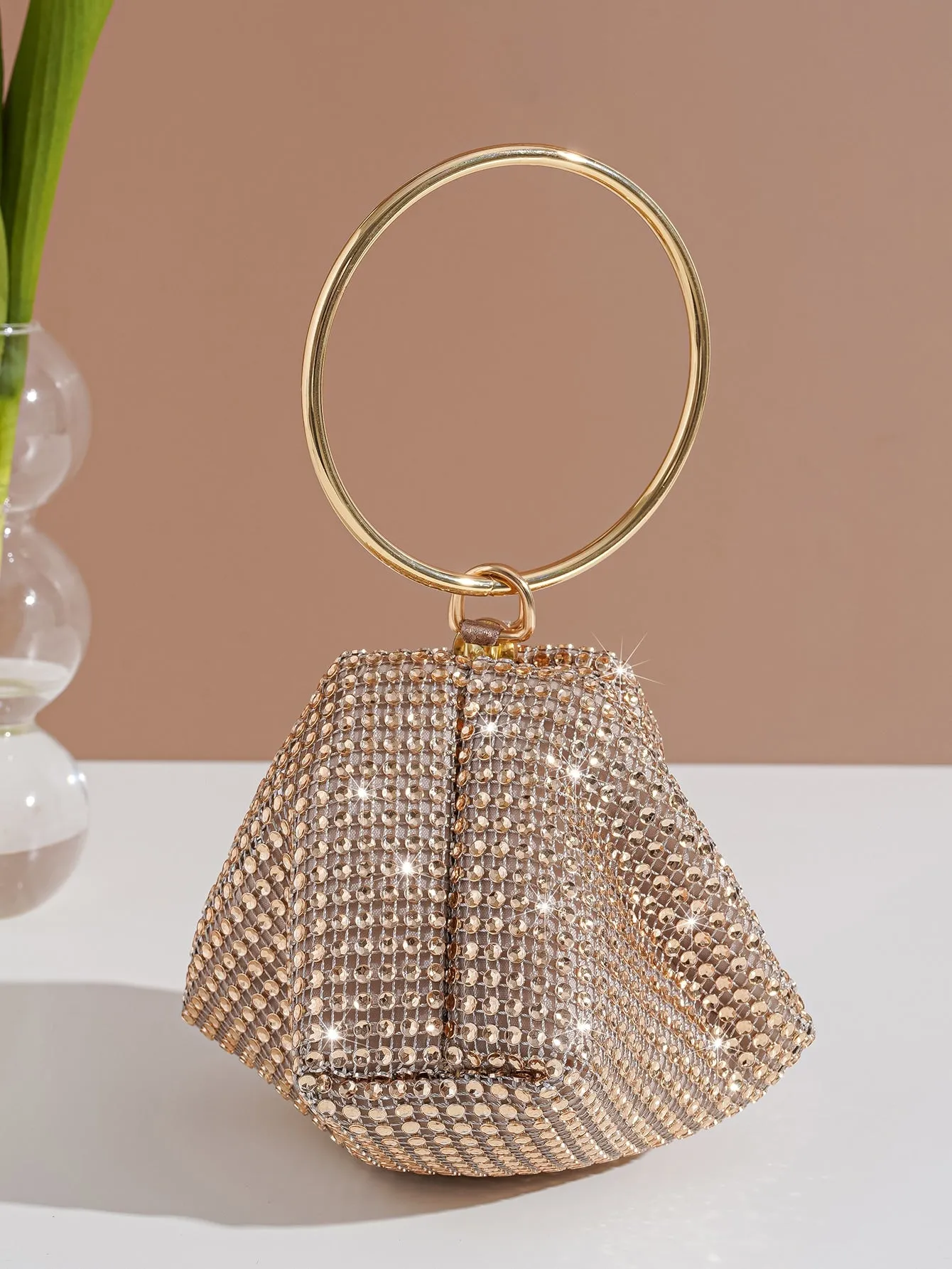 Rhinestone Decor Ring Handle Evening Bag - Champagne