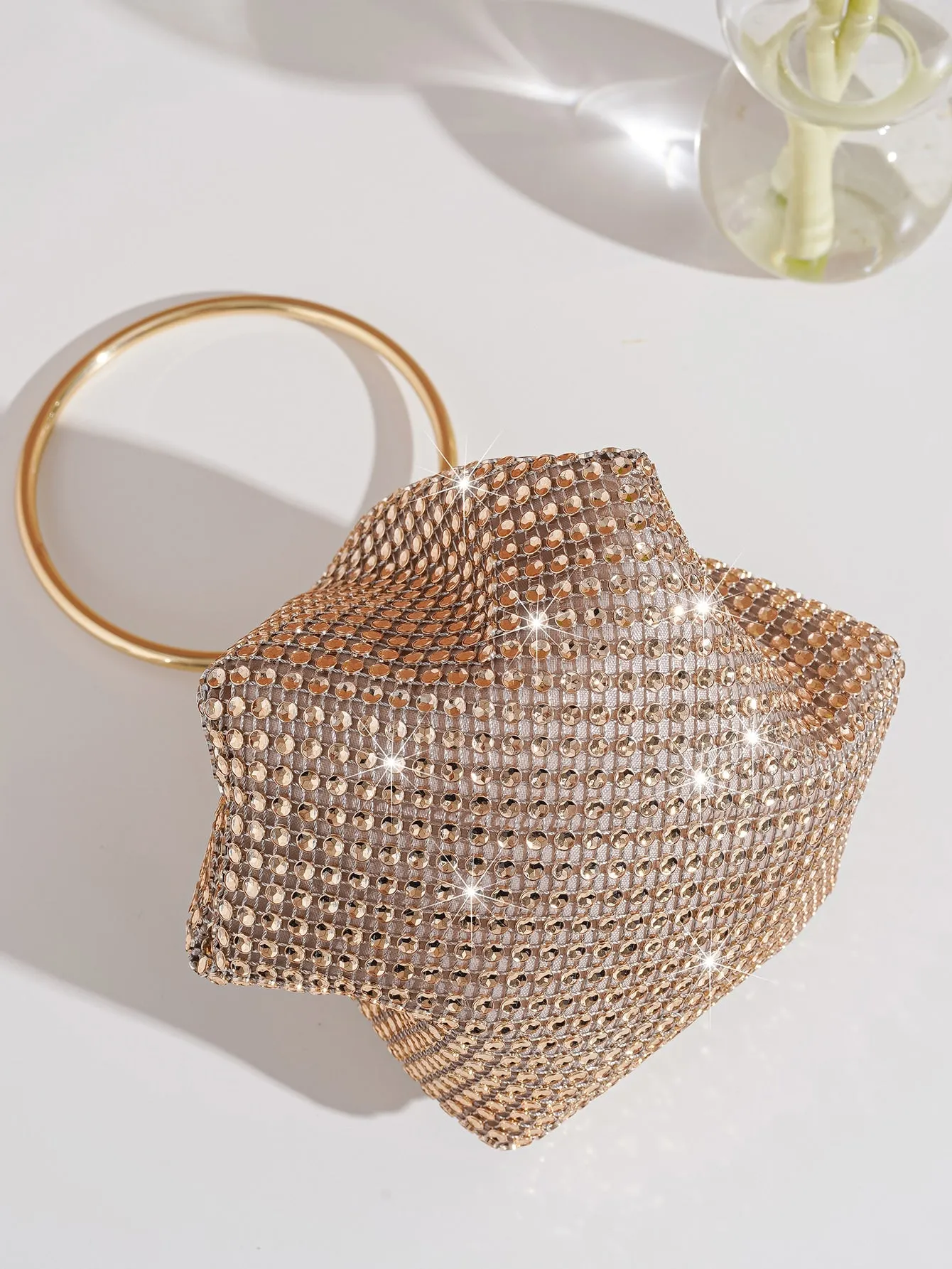 Rhinestone Decor Ring Handle Evening Bag - Champagne