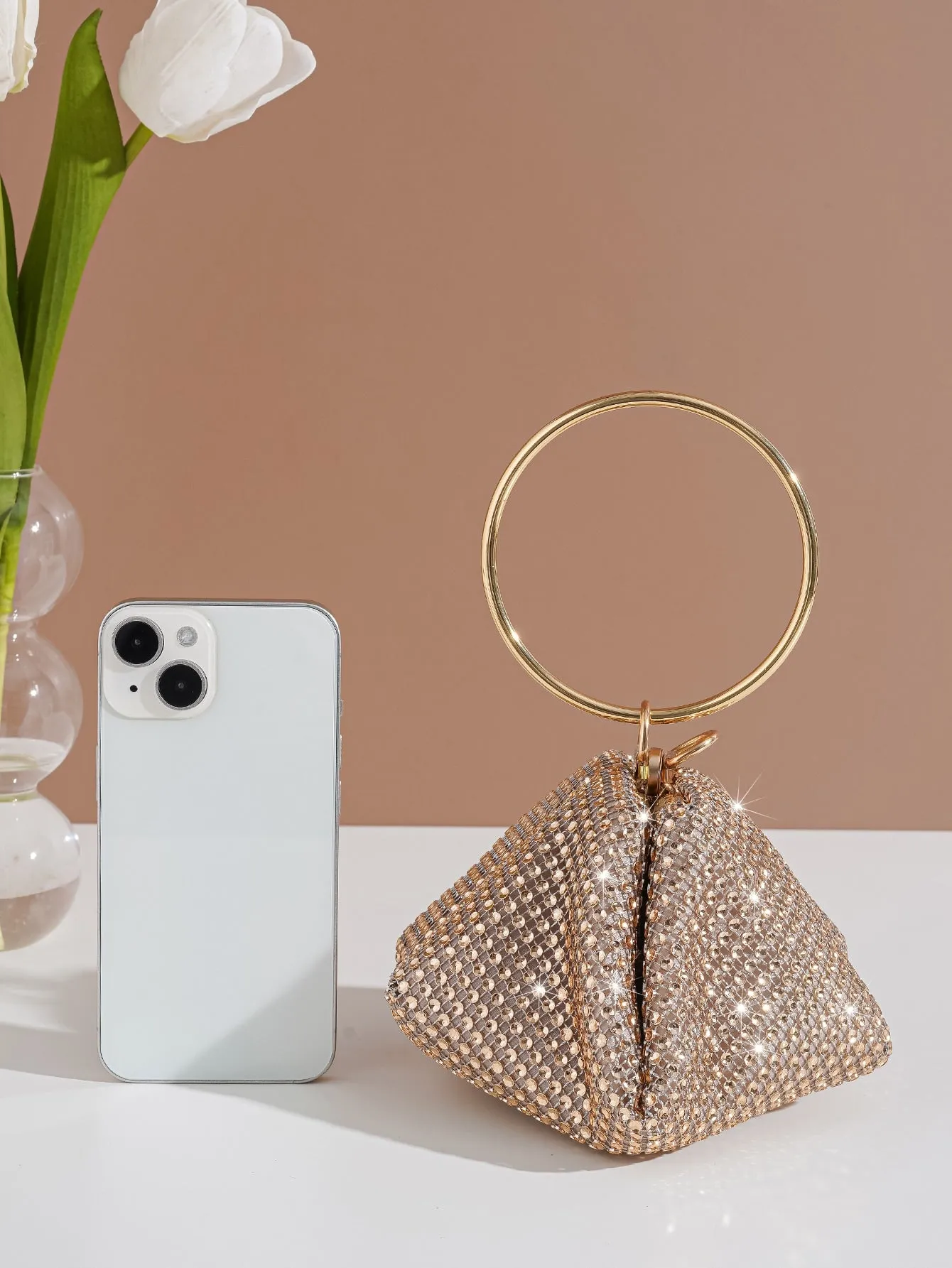 Rhinestone Decor Ring Handle Evening Bag - Champagne
