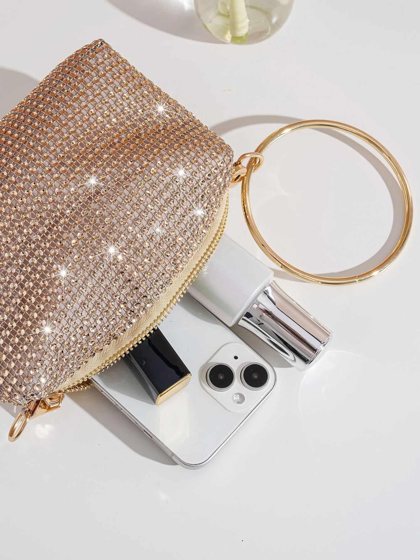 Rhinestone Decor Ring Handle Evening Bag - Champagne