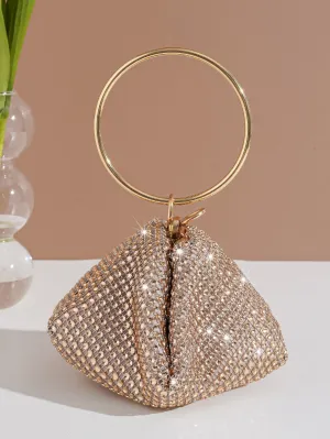 Rhinestone Decor Ring Handle Evening Bag - Champagne