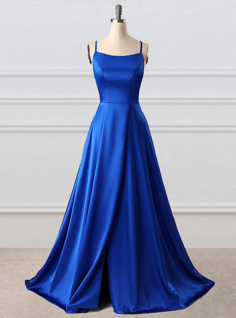 Royal Blue A Line Brush Train Sleeveless Backless Side Slit Prom Dresses