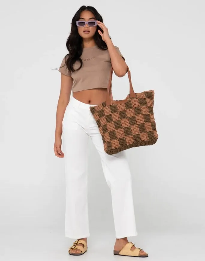 Rusty Chocolate Checkmate Straw Beach Bag BFL1162