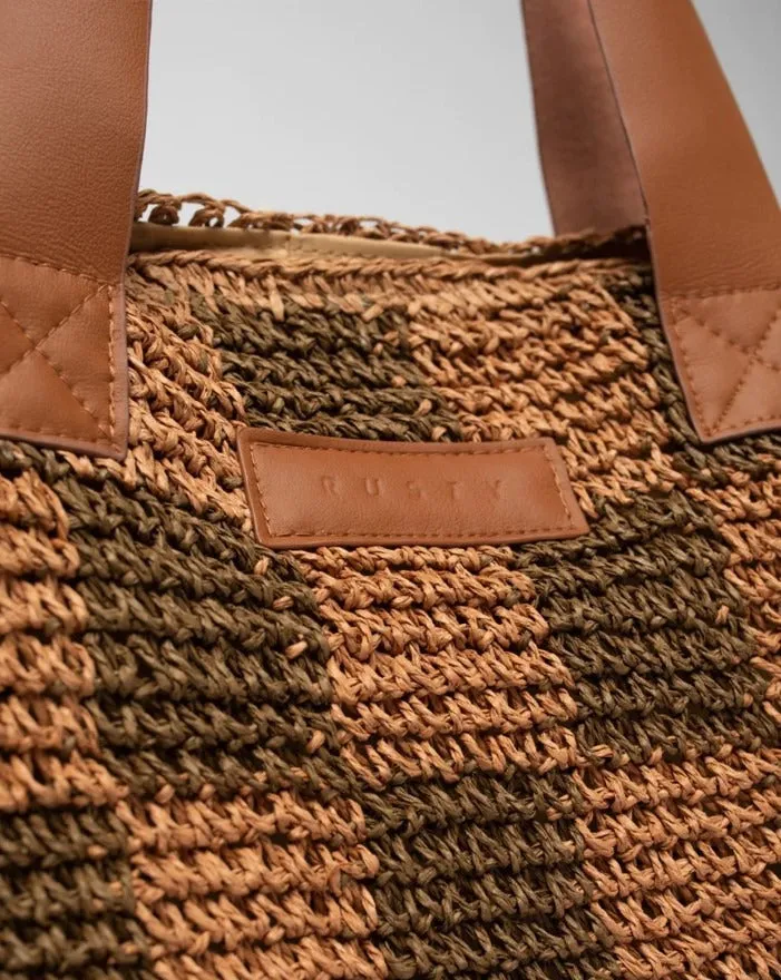 Rusty Chocolate Checkmate Straw Beach Bag BFL1162