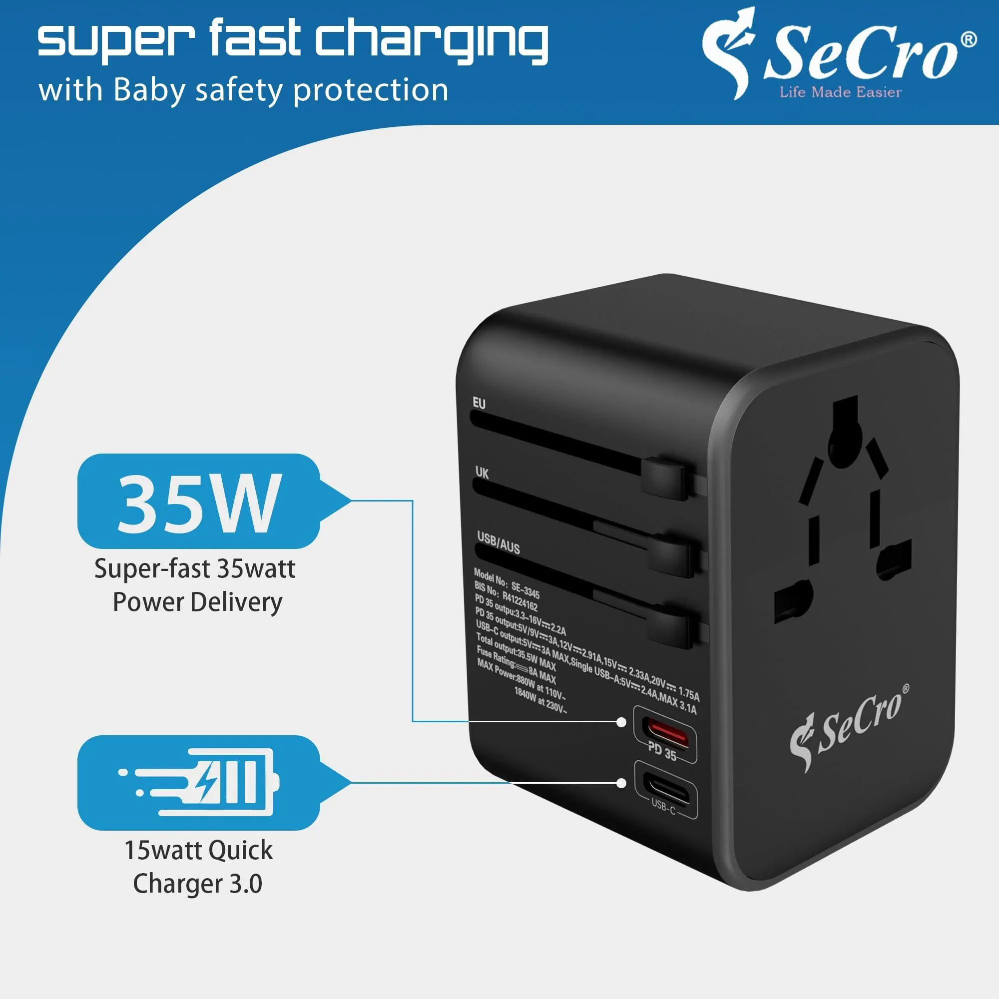 SeCro Universal Travel Adapter, Fast Charging (35.5W) Upgraded All-in-One International Travel Adapter with Pd & QC 3.0 Dual USB-C Power - 3 USB Ports, Worldwide Wall Charger for USA EU UK AUS