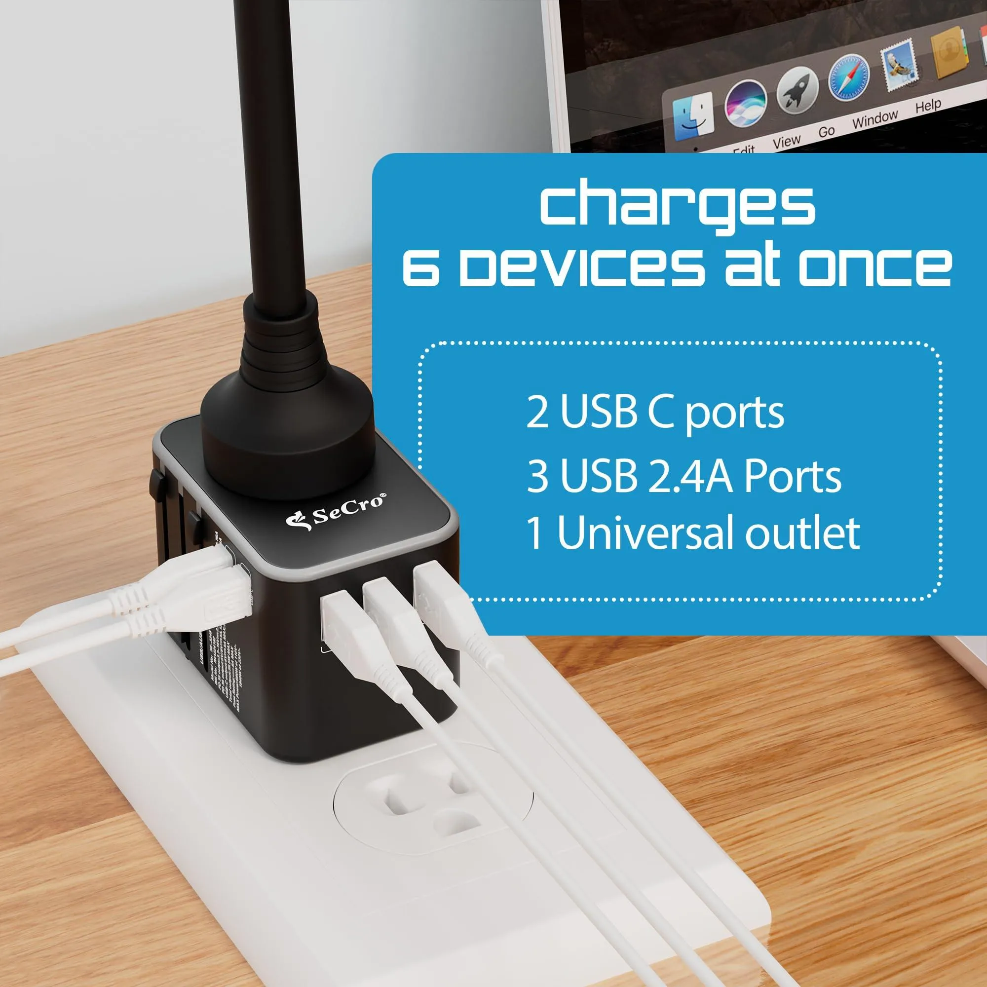 SeCro Universal Travel Adapter, Fast Charging (35.5W) Upgraded All-in-One International Travel Adapter with Pd & QC 3.0 Dual USB-C Power - 3 USB Ports, Worldwide Wall Charger for USA EU UK AUS