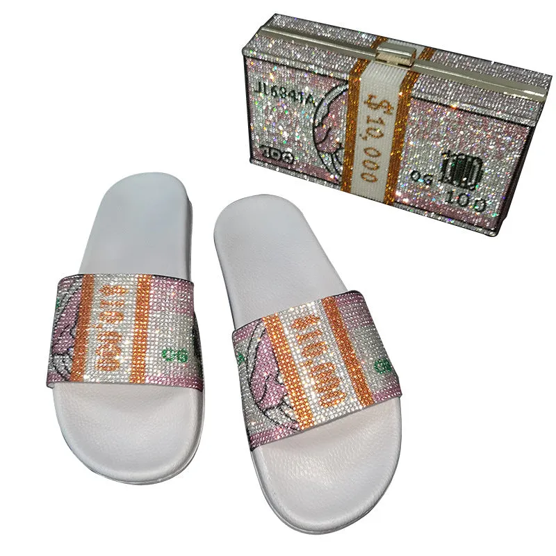 Sequins Rhinestone Money Print Slippers & Clutch Bags & Hair Bands (Sold Separately))
