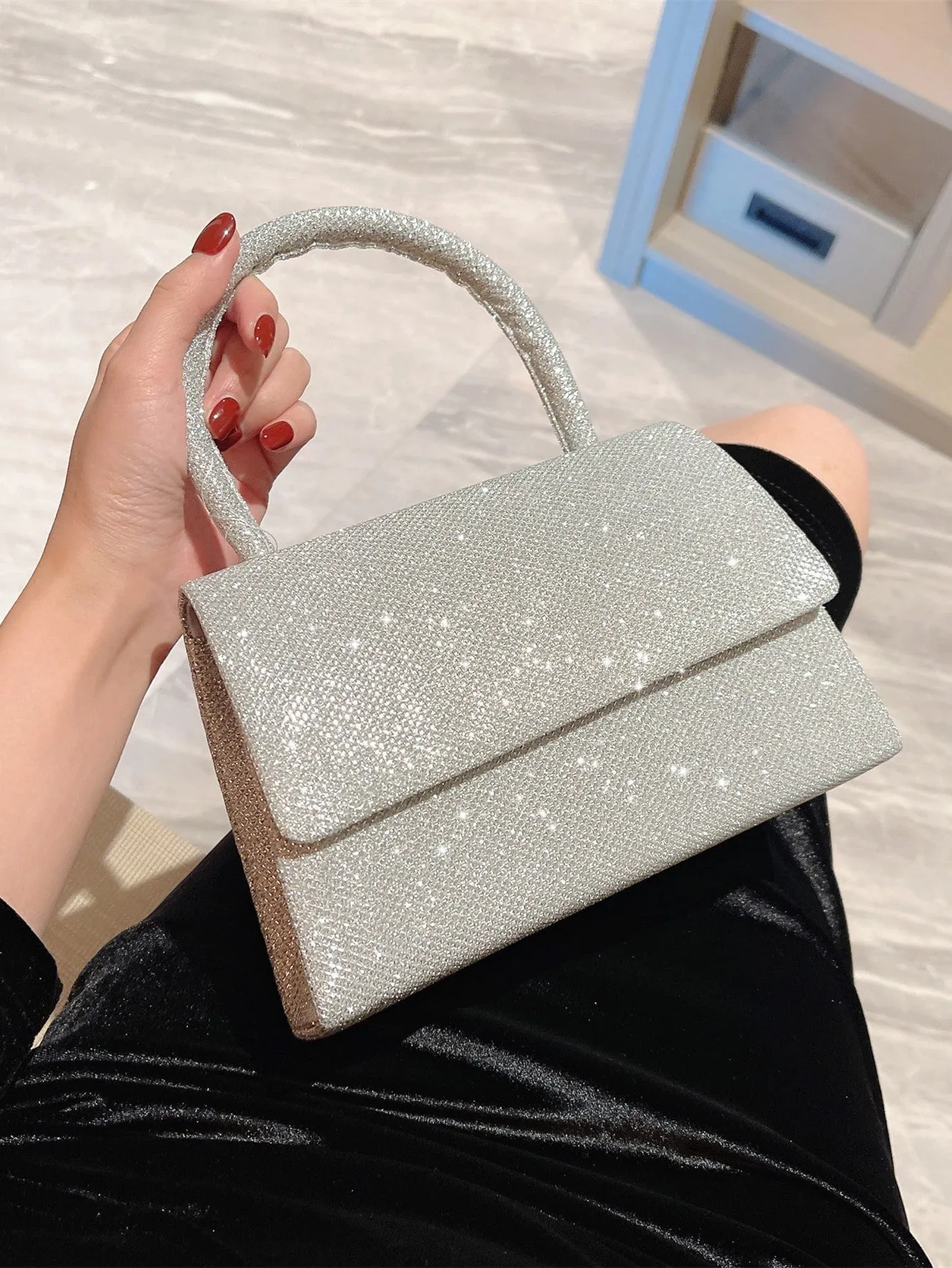 Silver Mini Glitter Flap Square Bag - Silver- FD ⚡