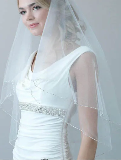 Simple White Beaded Two Layers Wedding Veils with Blusher Fingertip, SV011