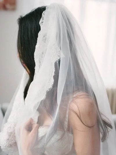 Simple White Beaded Two Layers Wedding Veils with Blusher Fingertip, SV011