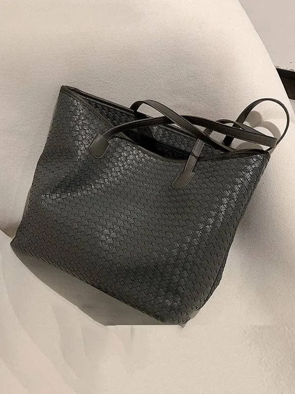 Solid Color Split-Joint Woven Bags Handbags Shoulder Bags Tote Bags: GRAY / One_size