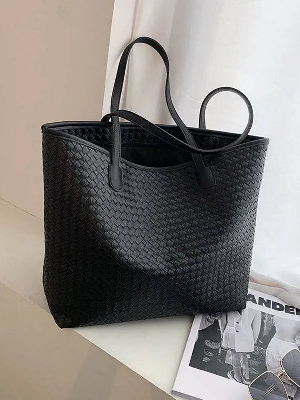 Solid Color Split-Joint Woven Bags Handbags Shoulder Bags Tote Bags: GRAY / One_size