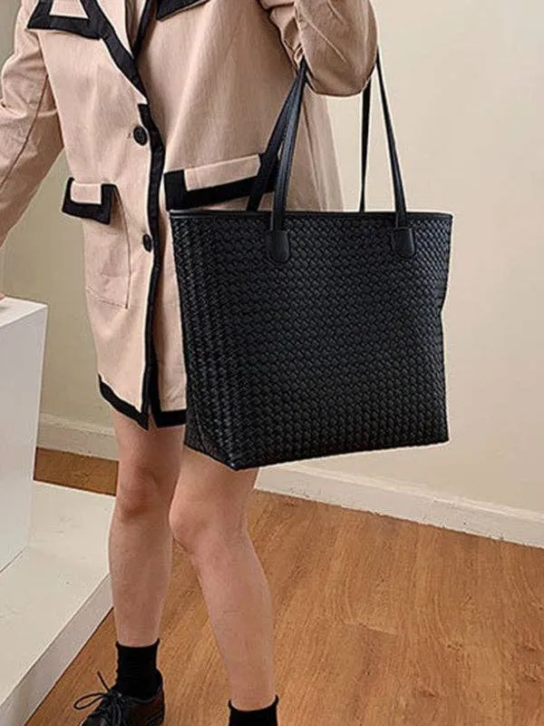 Solid Color Split-Joint Woven Bags Handbags Shoulder Bags Tote Bags: GRAY / One_size
