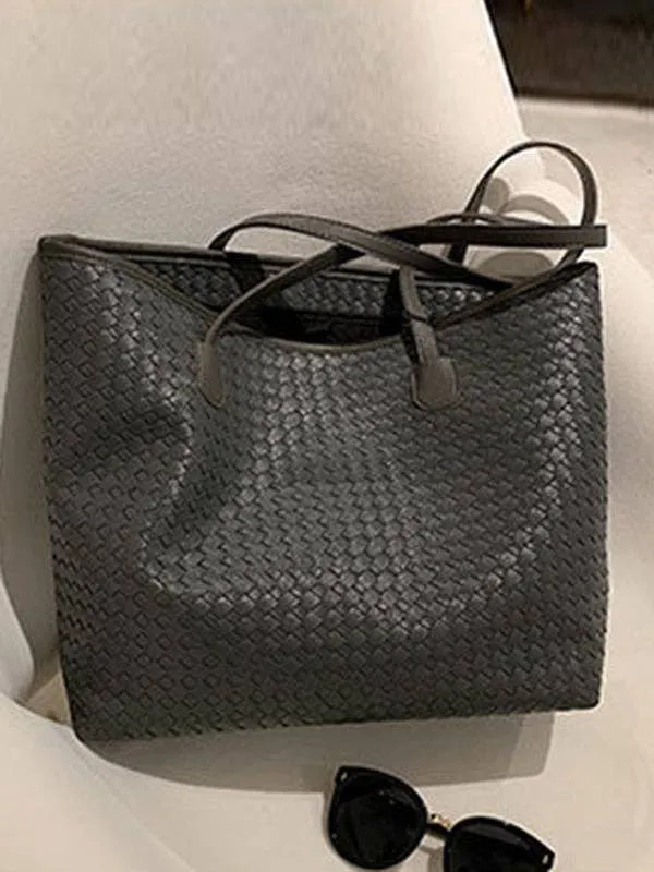 Solid Color Split-Joint Woven Bags Handbags Shoulder Bags Tote Bags: GRAY / One_size