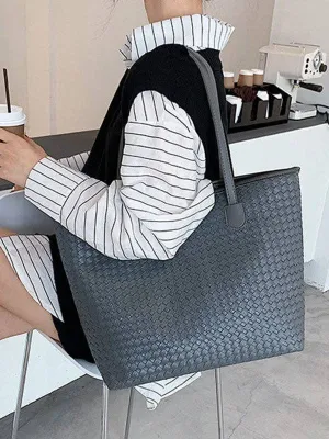 Solid Color Split-Joint Woven Bags Handbags Shoulder Bags Tote Bags: GRAY / One_size