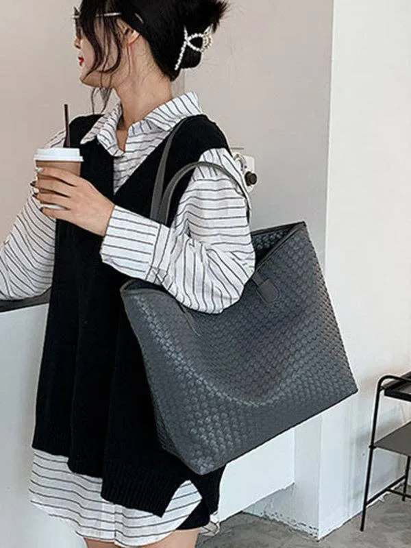 Solid Color Split-Joint Woven Bags Handbags Shoulder Bags Tote Bags: GRAY / One_size