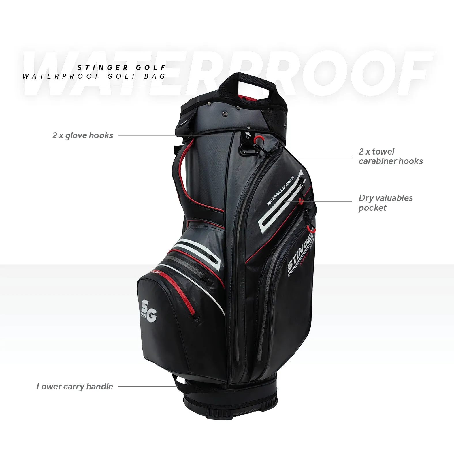 Stinger Waterproof Golf Bag Version 2  - Black / Red