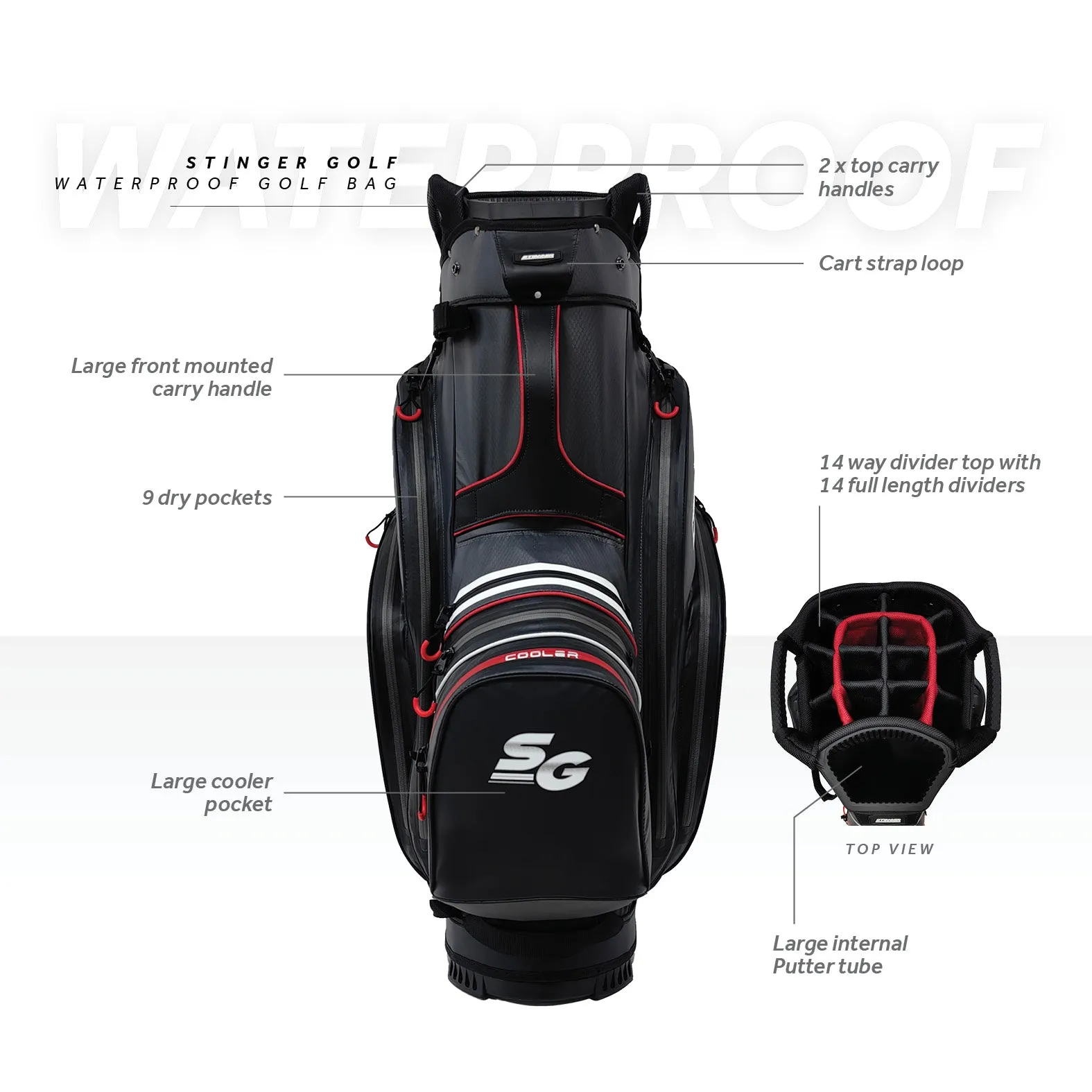 Stinger Waterproof Golf Bag Version 2  - Black / Red