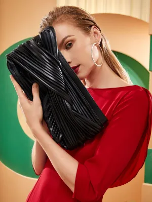Striped Knot Detail Clutch Bag - Black