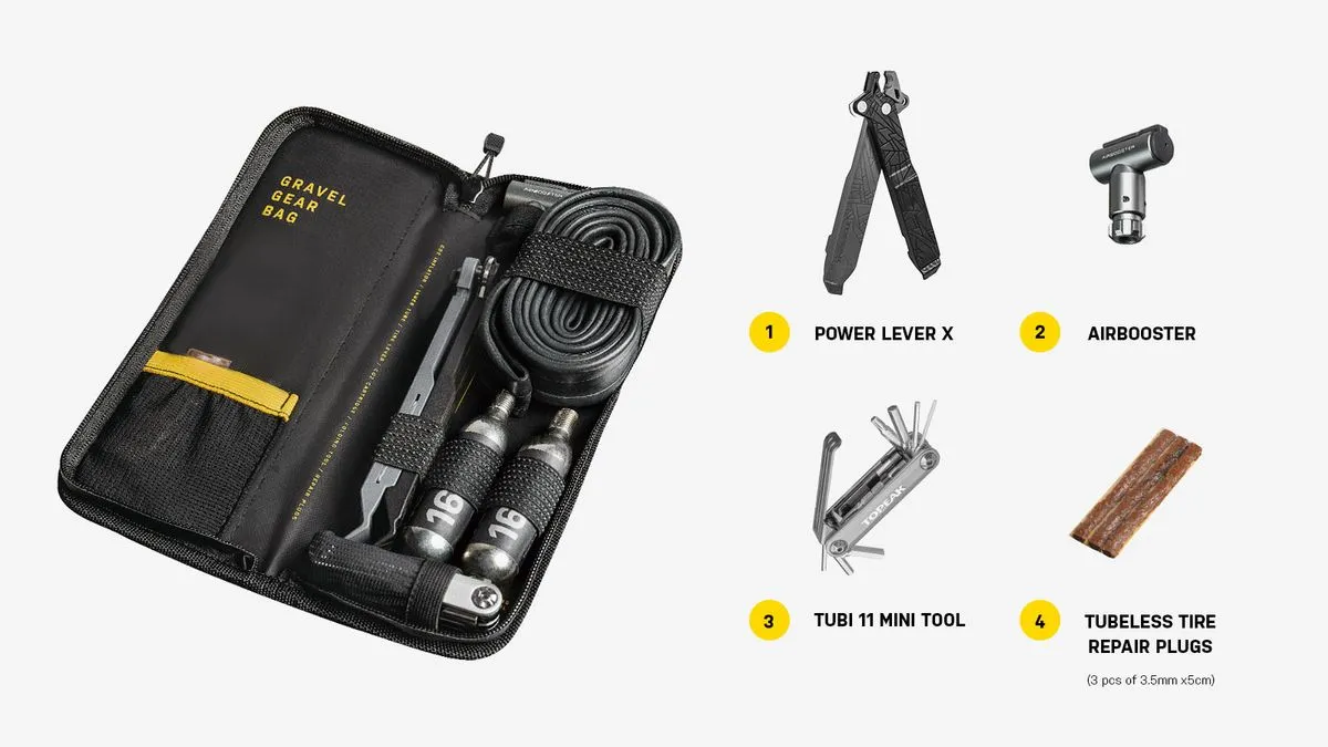 Topeak Frame Bag Gravel Gear bag w/ Power Lever X, Airbooster, Tubi 11 Mini Tool   3pc Tyre repair plugs
