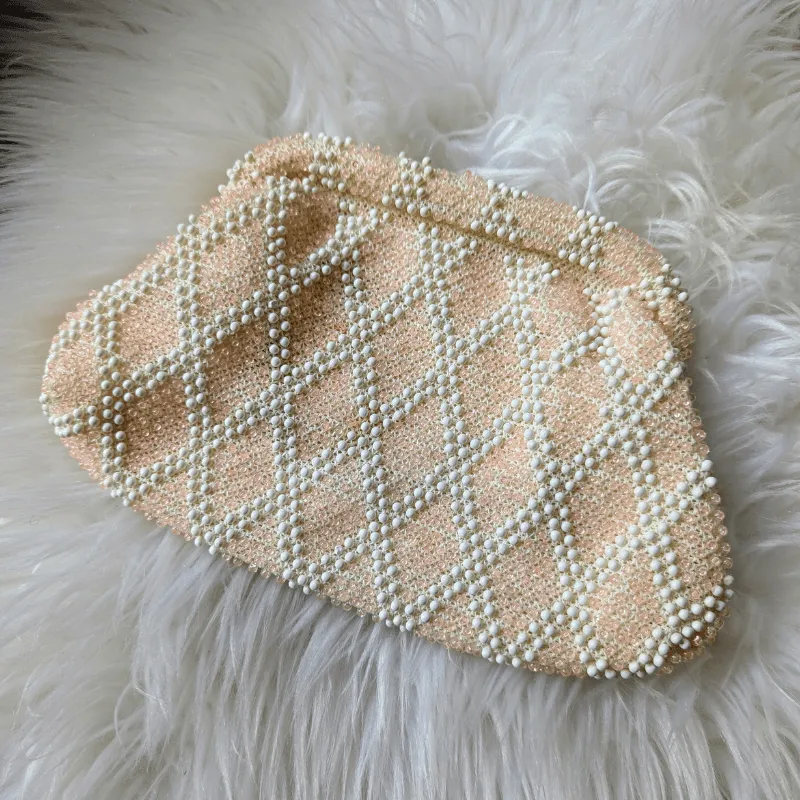 Vintage - Beaded Peach and White Clutch
