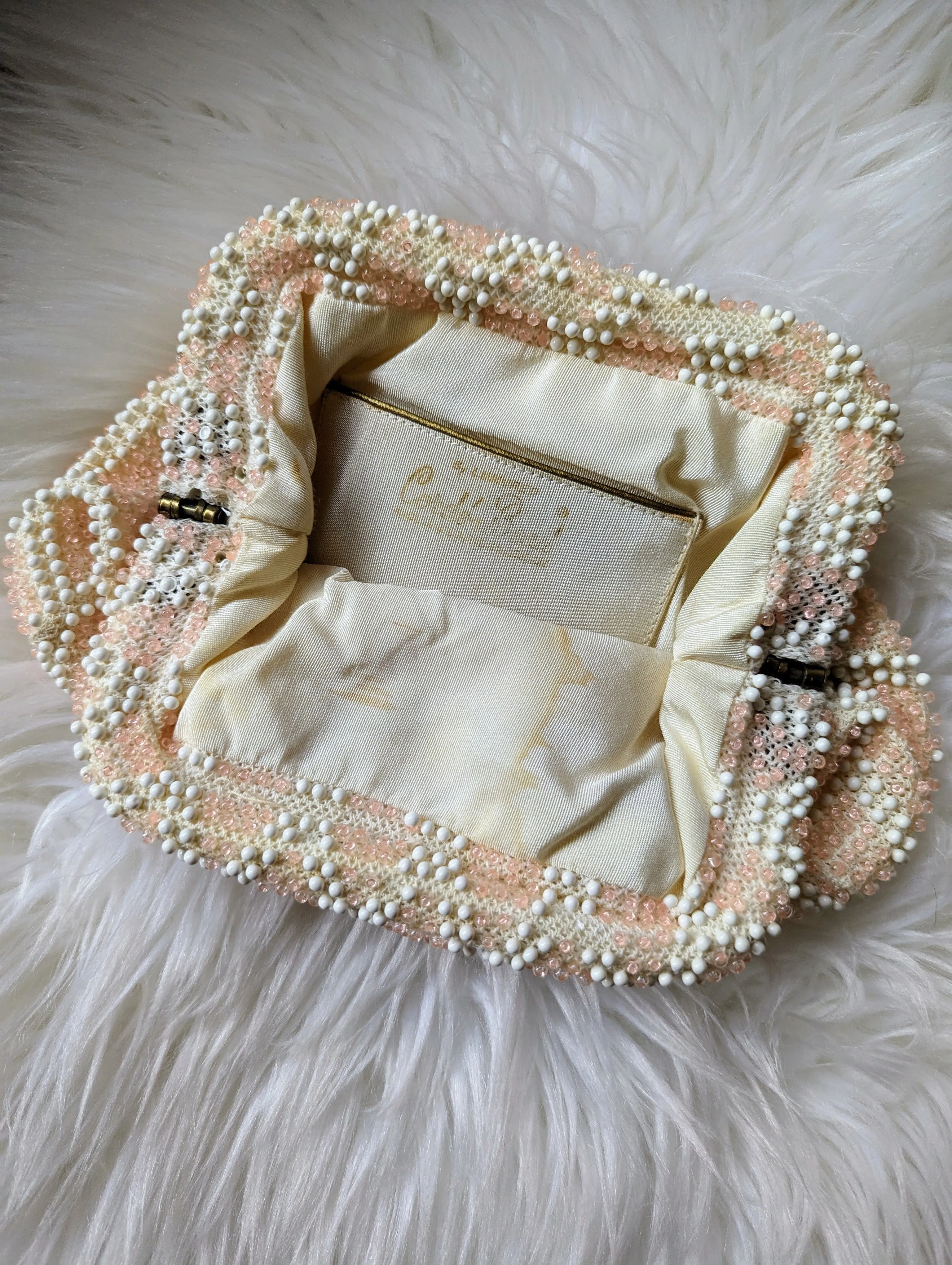 Vintage - Beaded Peach and White Clutch