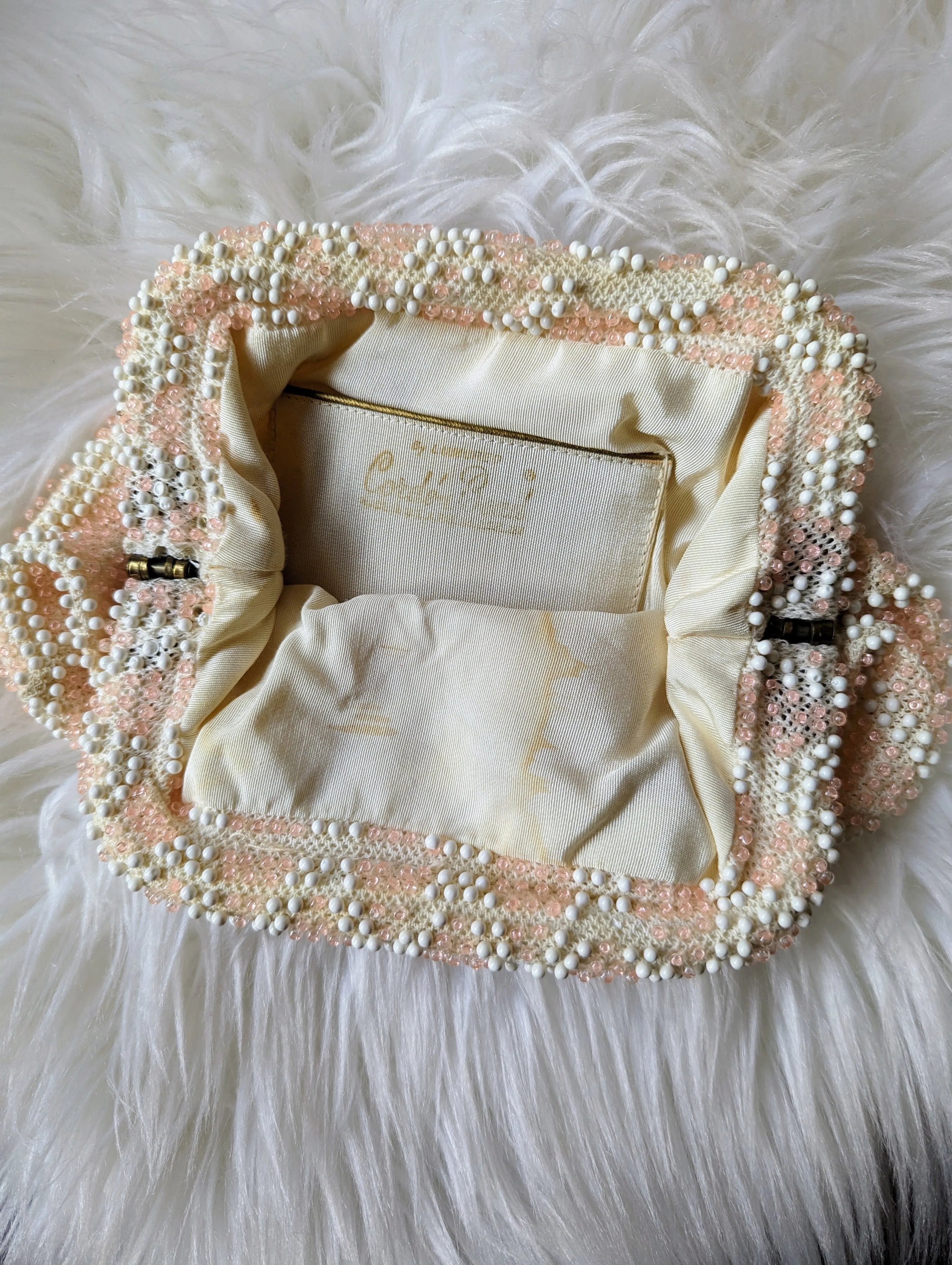 Vintage - Beaded Peach and White Clutch