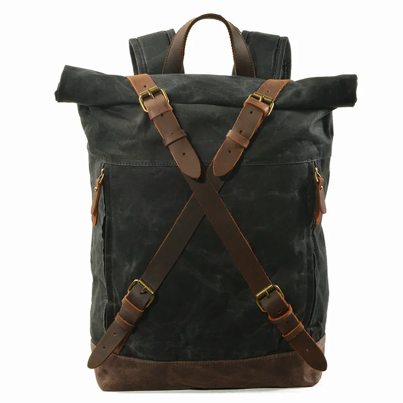 Waxed Canvas Unisex Travel Backpack Waterproof Mountaineering Backpack Canvas With Full Grain Leather Laptop Rucksack