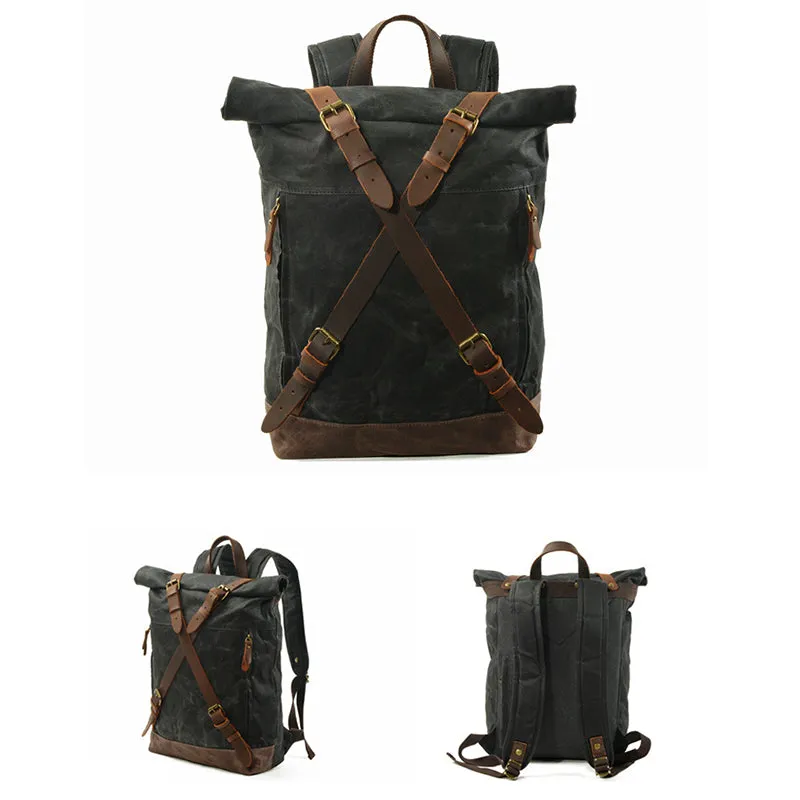 Waxed Canvas Unisex Travel Backpack Waterproof Mountaineering Backpack Canvas With Full Grain Leather Laptop Rucksack