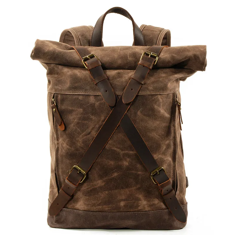 Waxed Canvas Unisex Travel Backpack Waterproof Mountaineering Backpack Canvas With Full Grain Leather Laptop Rucksack
