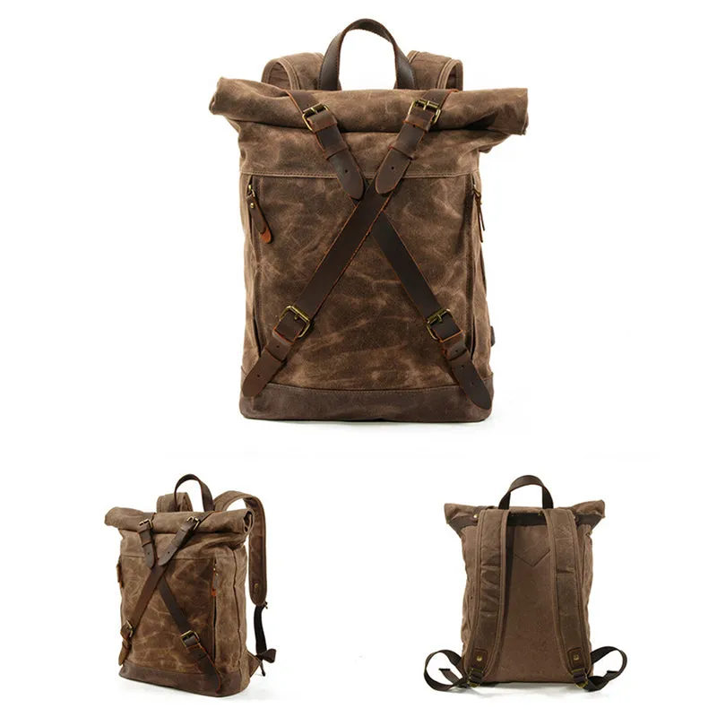 Waxed Canvas Unisex Travel Backpack Waterproof Mountaineering Backpack Canvas With Full Grain Leather Laptop Rucksack