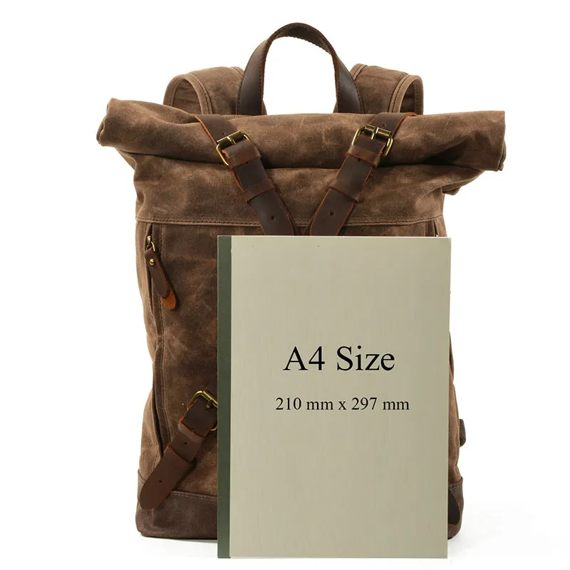 Waxed Canvas Unisex Travel Backpack Waterproof Mountaineering Backpack Canvas With Full Grain Leather Laptop Rucksack