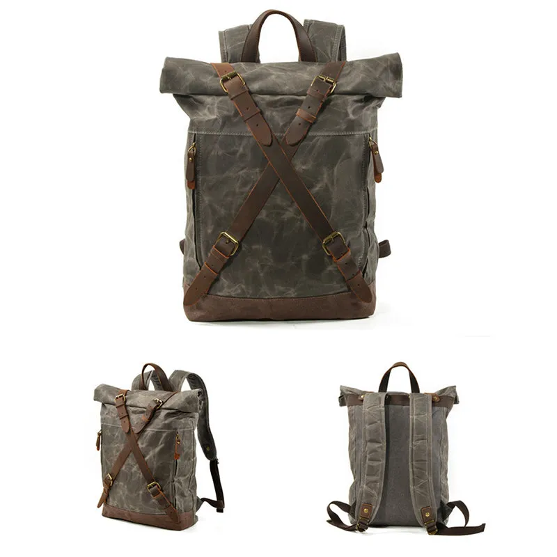 Waxed Canvas Unisex Travel Backpack Waterproof Mountaineering Backpack Canvas With Full Grain Leather Laptop Rucksack