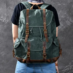 Waxed Canvas With Leather Backpack Vintage Large Capacity Backpack Travel Backpack