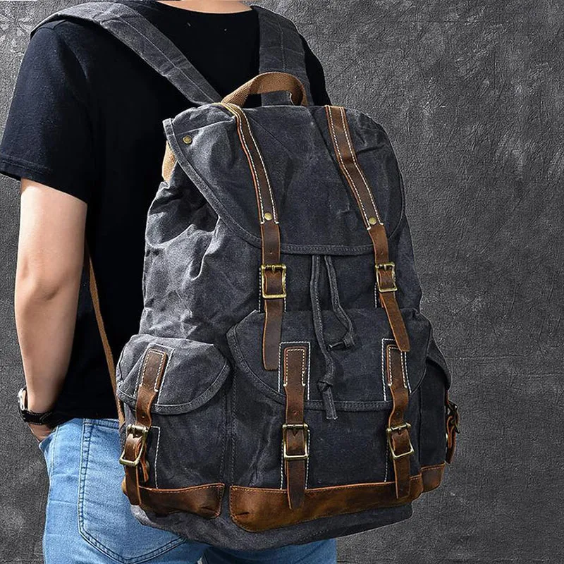 Waxed Canvas With Leather Backpack Vintage Large Capacity Backpack Travel Backpack