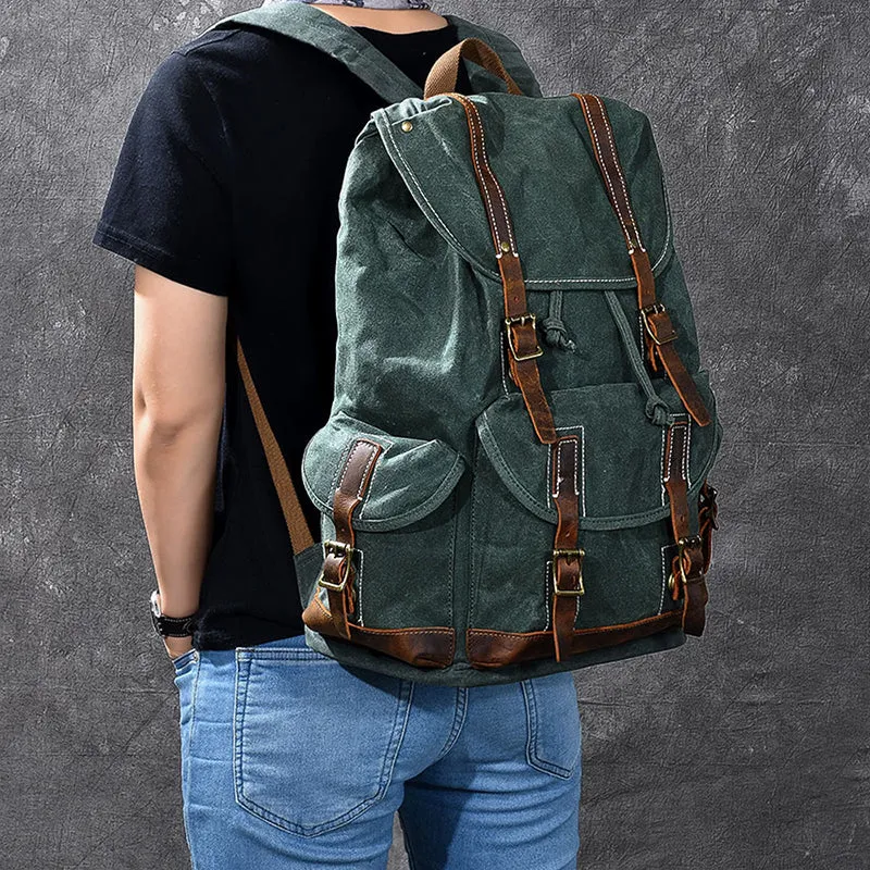 Waxed Canvas With Leather Backpack Vintage Large Capacity Backpack Travel Backpack