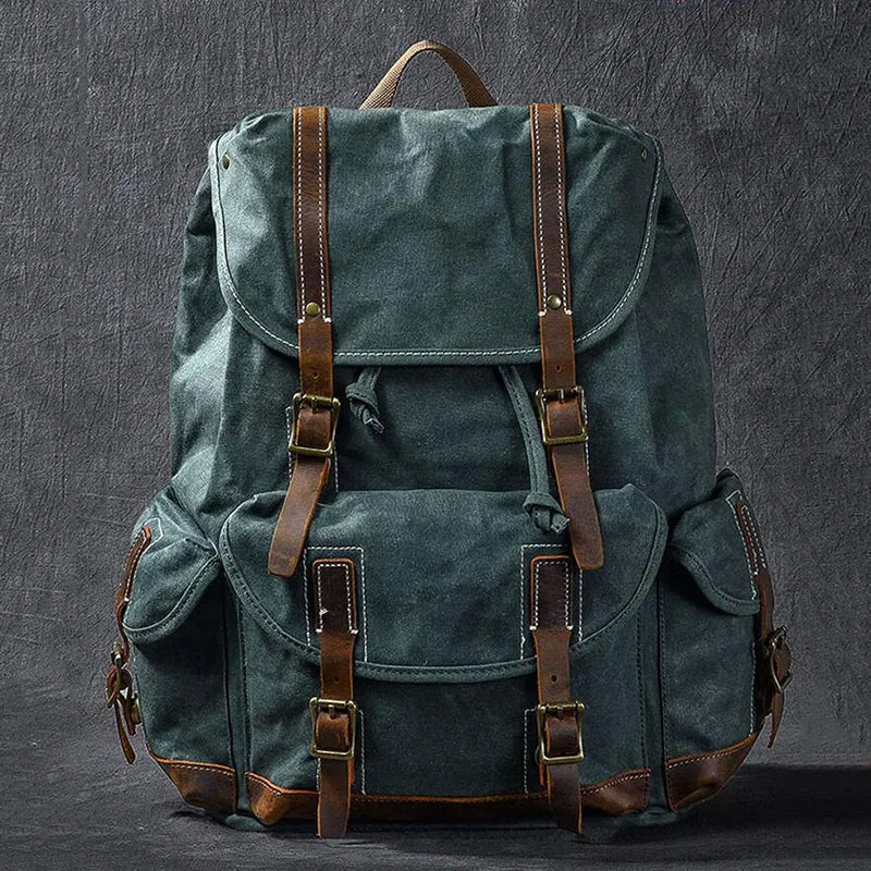 Waxed Canvas With Leather Backpack Vintage Large Capacity Backpack Travel Backpack