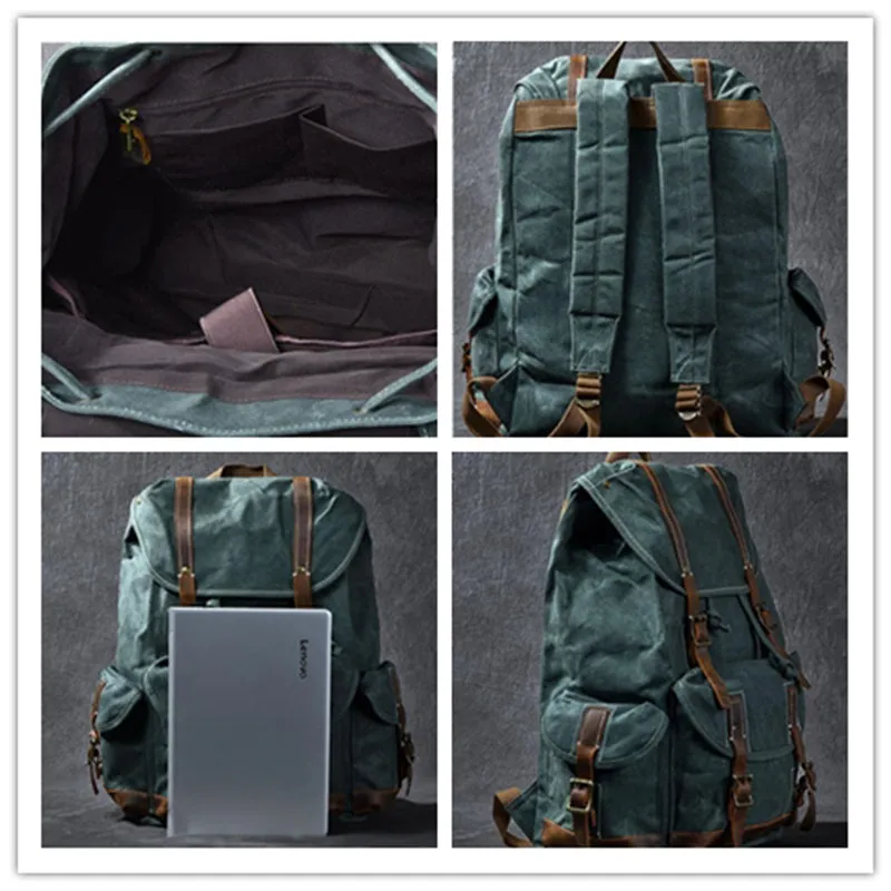 Waxed Canvas With Leather Backpack Vintage Large Capacity Backpack Travel Backpack