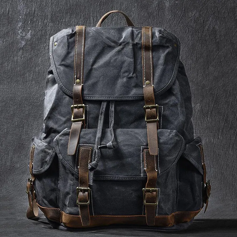 Waxed Canvas With Leather Backpack Vintage Large Capacity Backpack Travel Backpack