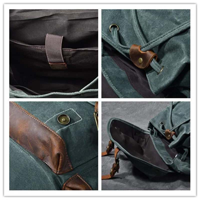 Waxed Canvas With Leather Backpack Vintage Large Capacity Backpack Travel Backpack