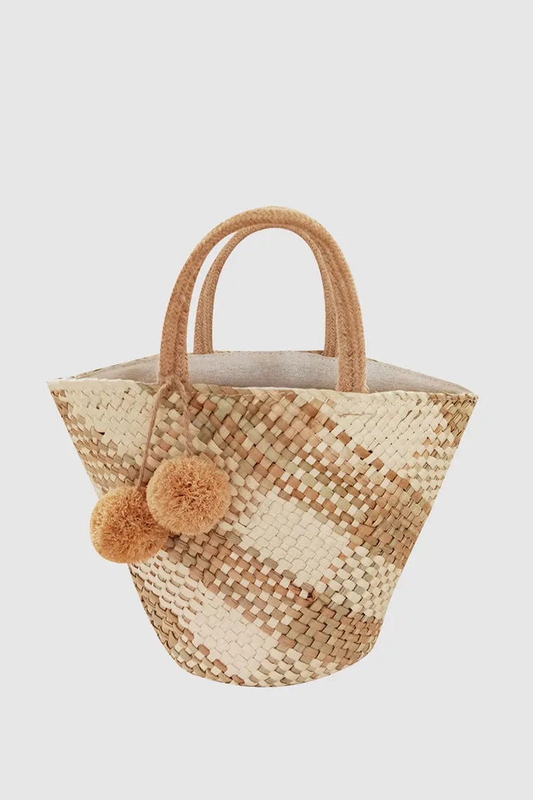 Women's Summer Dillards Straw Braided Basket Handbag Open-top Weave Tote Basket Bag Hairball Embellished