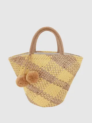 Women's Summer Dillards Straw Braided Basket Handbag Open-top Weave Tote Basket Bag Hairball Embellished