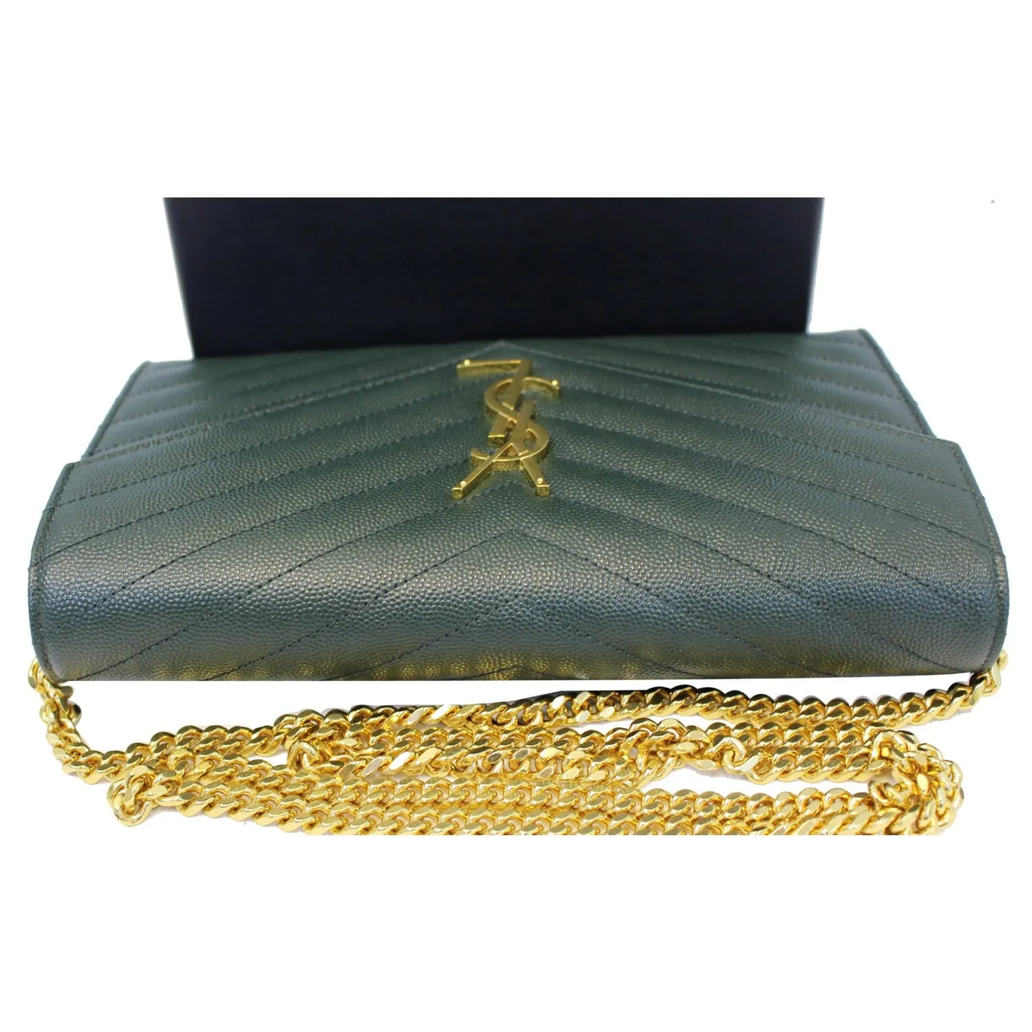 YVES SAINT LAURENT Chevron Grain De Poudre Envelope Chain Bag Olive Green